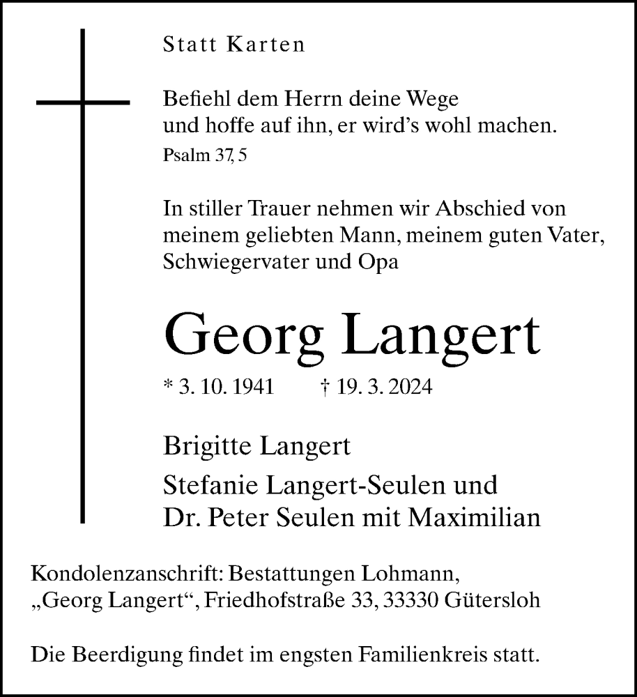  Traueranzeige für Georg Langert vom 23.03.2024 aus Neue Westfälische