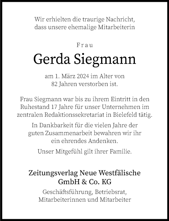 Traueranzeige von Gerda Siegmann von Neue Westfälische