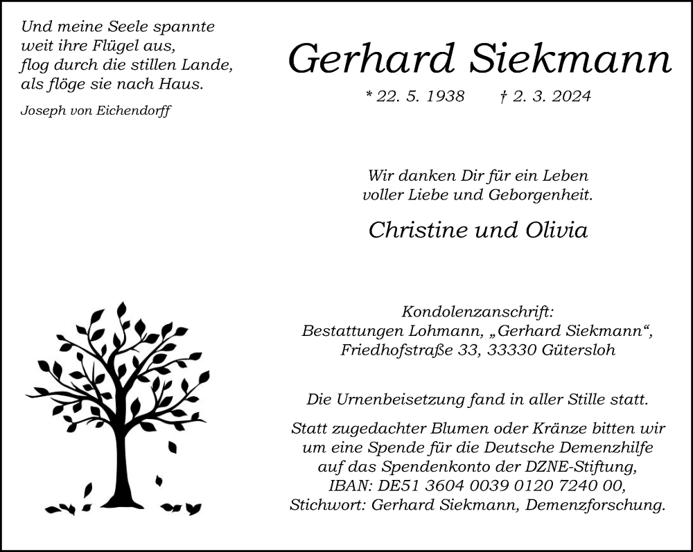  Traueranzeige für Gerhard Siekmann vom 16.03.2024 aus Neue Westfälische