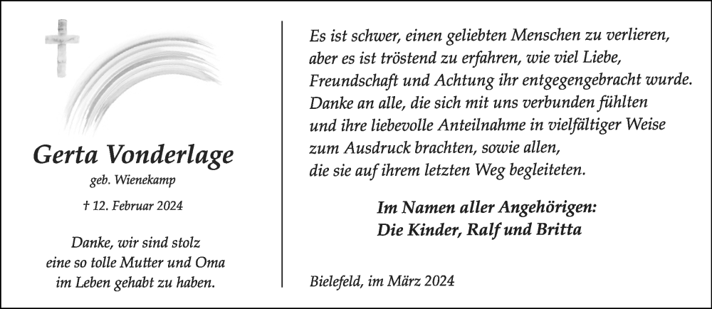  Traueranzeige für Gerta Vonderlage vom 16.03.2024 aus Neue Westfälische