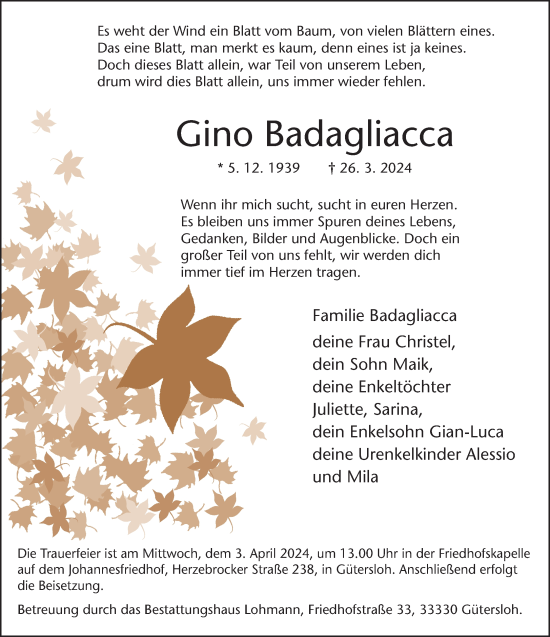 Traueranzeige von Gino Badagliacca von Neue Westfälische