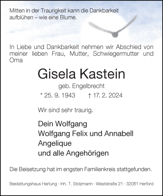 Traueranzeige von Gisela Kastein von Neue Westfälische