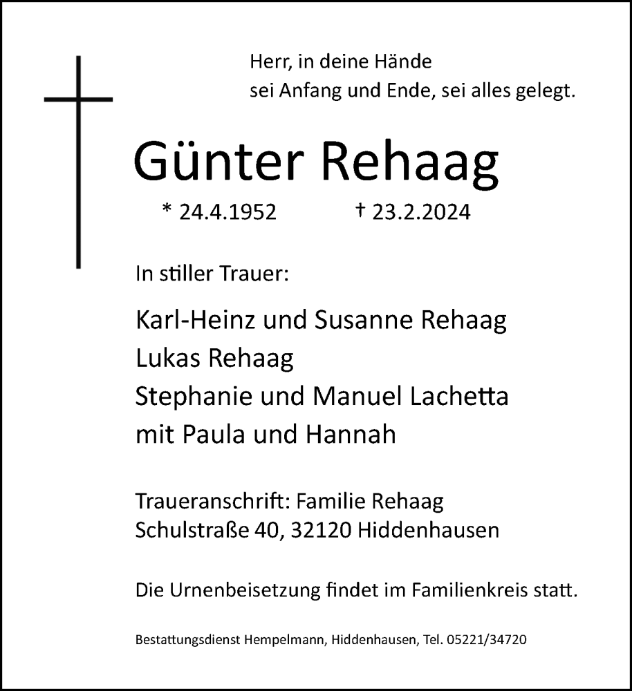  Traueranzeige für Günter Rehaag vom 02.03.2024 aus Neue Westfälische