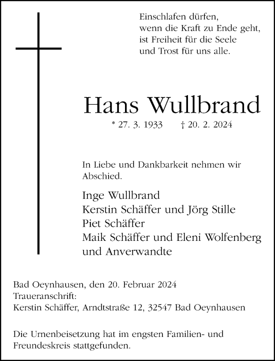 Traueranzeige von Hans Wullbrand von Neue Westfälische