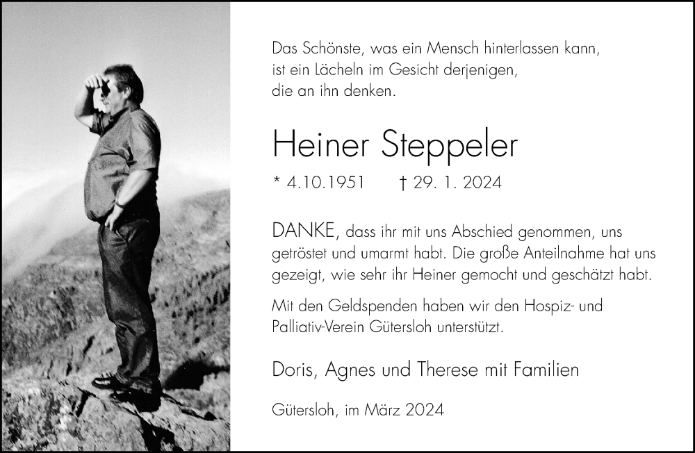 Traueranzeige für Heiner Steppeler vom 16.03.2024 aus Neue Westfälische