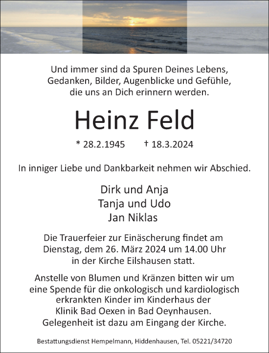 Traueranzeige von Heinz Feld von Neue Westfälische
