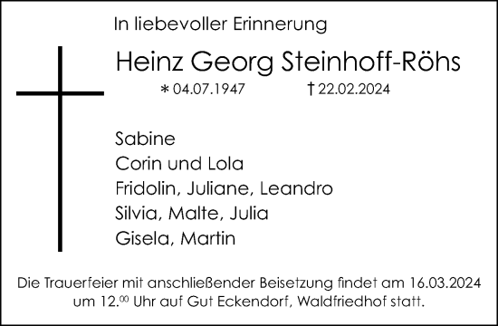 Traueranzeige von Heinz Georg Steinhoff-Röhs von Neue Westfälische
