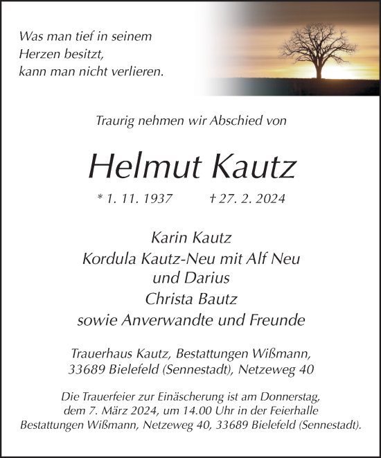 Traueranzeige von Helmut Kautz von Neue Westfälische