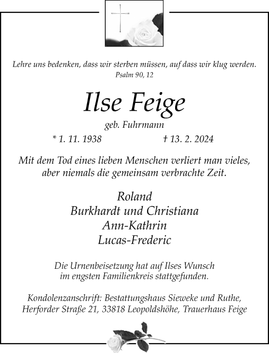 Traueranzeige von Ilse Feige von Neue Westfälische