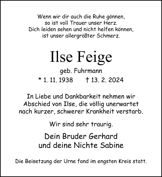 Traueranzeige von Ilse Feige von Neue Westfälische