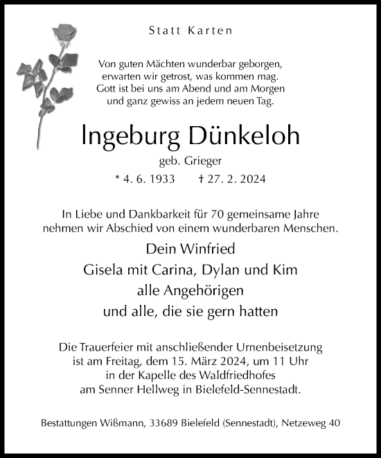 Traueranzeige von Ingeburg Dünkeloh von Neue Westfälische