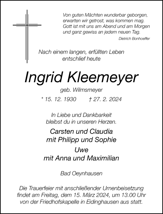 Traueranzeige von Ingrid Kleemeyer von Neue Westfälische
