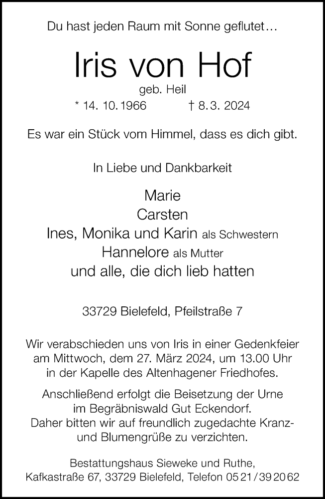  Traueranzeige für Iris von Hof vom 16.03.2024 aus Neue Westfälische