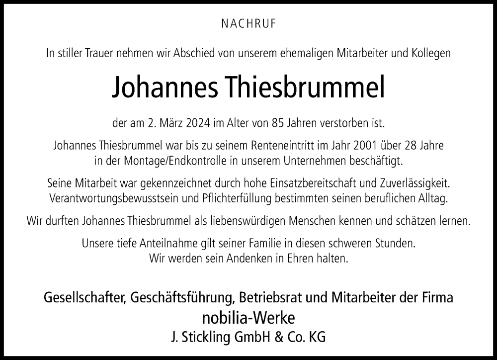  Traueranzeige für Johannes Thiesbrummel vom 16.03.2024 aus Neue Westfälische