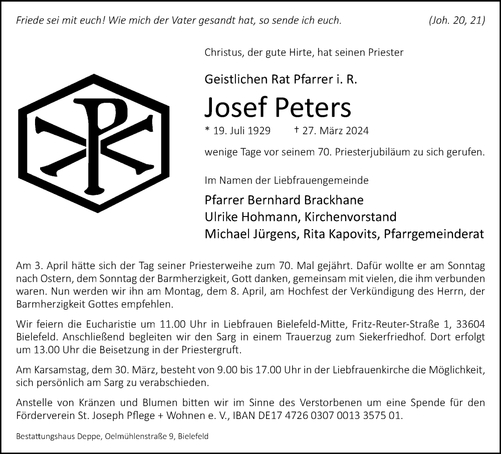  Traueranzeige für Josef Peters vom 29.03.2024 aus Neue Westfälische