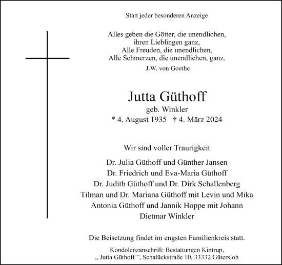 Traueranzeige von Jutta Güthoff von Neue Westfälische