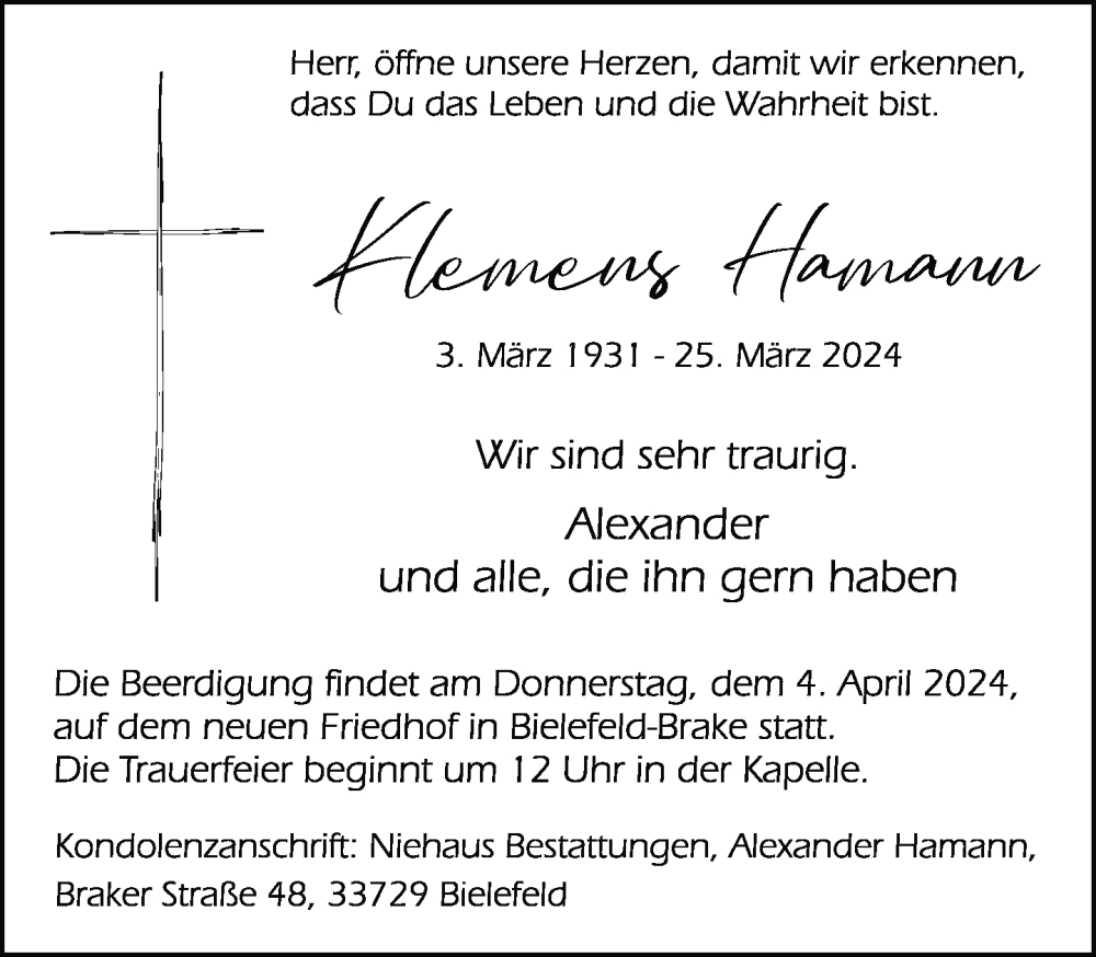  Traueranzeige für Klemens Hamann vom 29.03.2024 aus Neue Westfälische