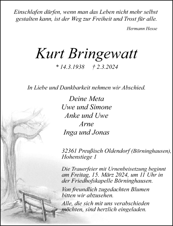 Traueranzeige von Kurt Bringewatt von Neue Westfälische