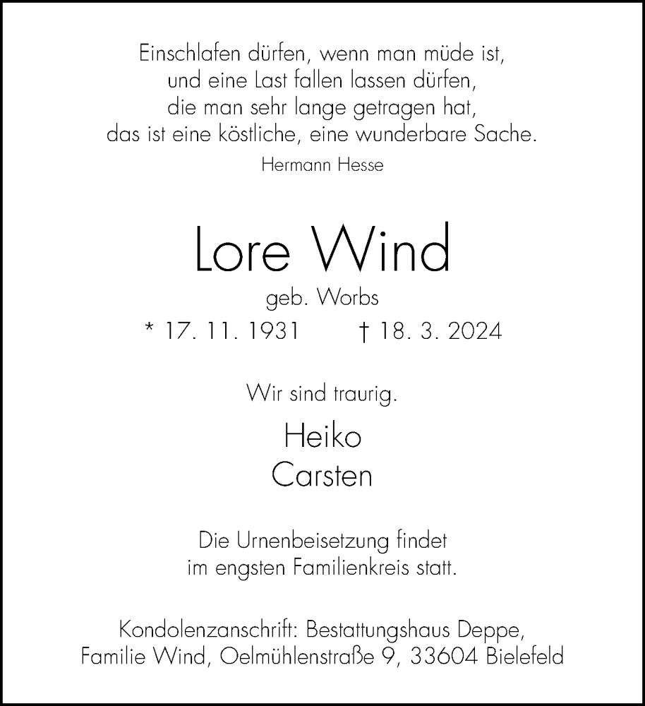  Traueranzeige für Lore Wind vom 23.03.2024 aus Neue Westfälische