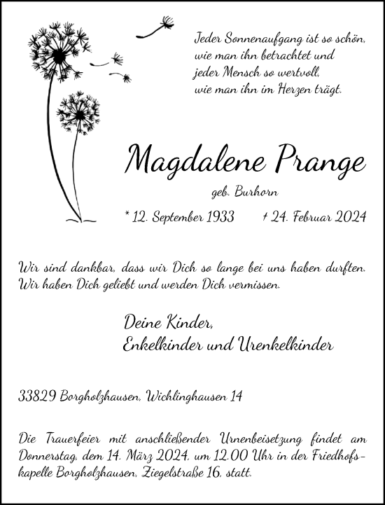 Traueranzeige von Magdalene Prange von Neue Westfälische