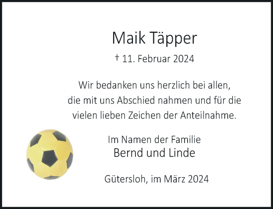 Traueranzeige von Maik Täpper von Neue Westfälische