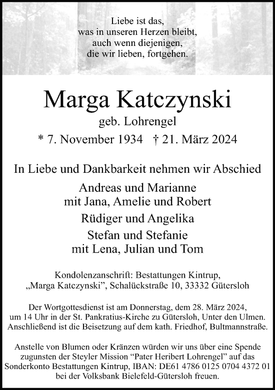 Traueranzeige von Marga Katczynski von Neue Westfälische