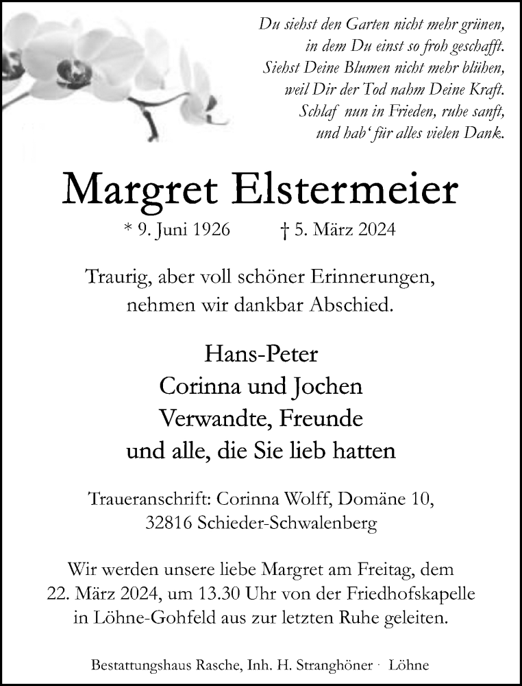  Traueranzeige für Margret Elstermeier vom 09.03.2024 aus Neue Westfälische