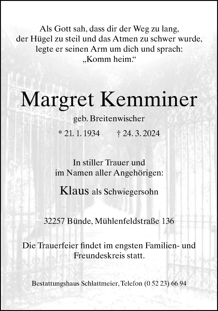 Traueranzeige für Margret Kemminer vom 29.03.2024 aus Neue Westfälische