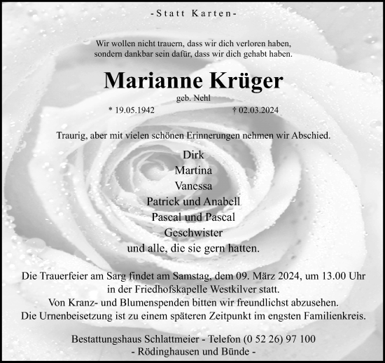 Traueranzeige von Marianne Krüger von Neue Westfälische