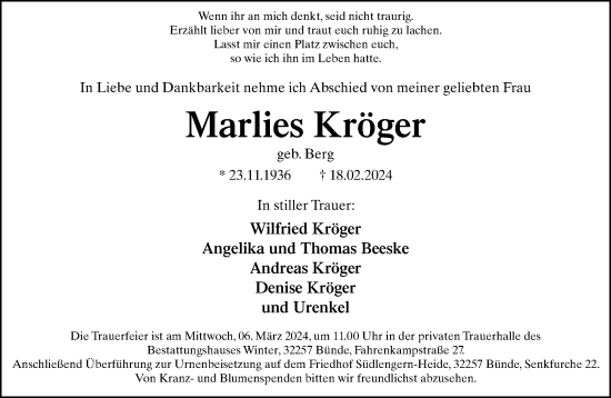 Traueranzeige von Marlies Kröger von Neue Westfälische