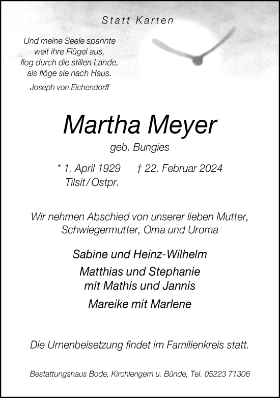 Traueranzeige von Martha Meyer von Neue Westfälische