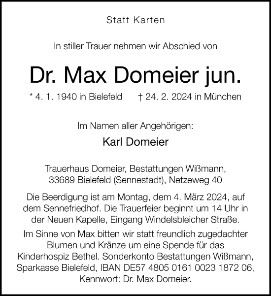 Traueranzeige von Max Domeier von Neue Westfälische