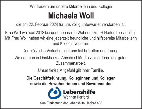 Traueranzeige von Michaela Woll von Neue Westfälische