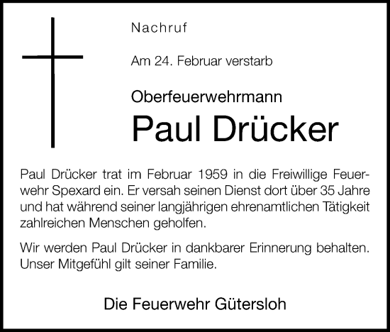 Traueranzeige von Paul Drücker von Neue Westfälische