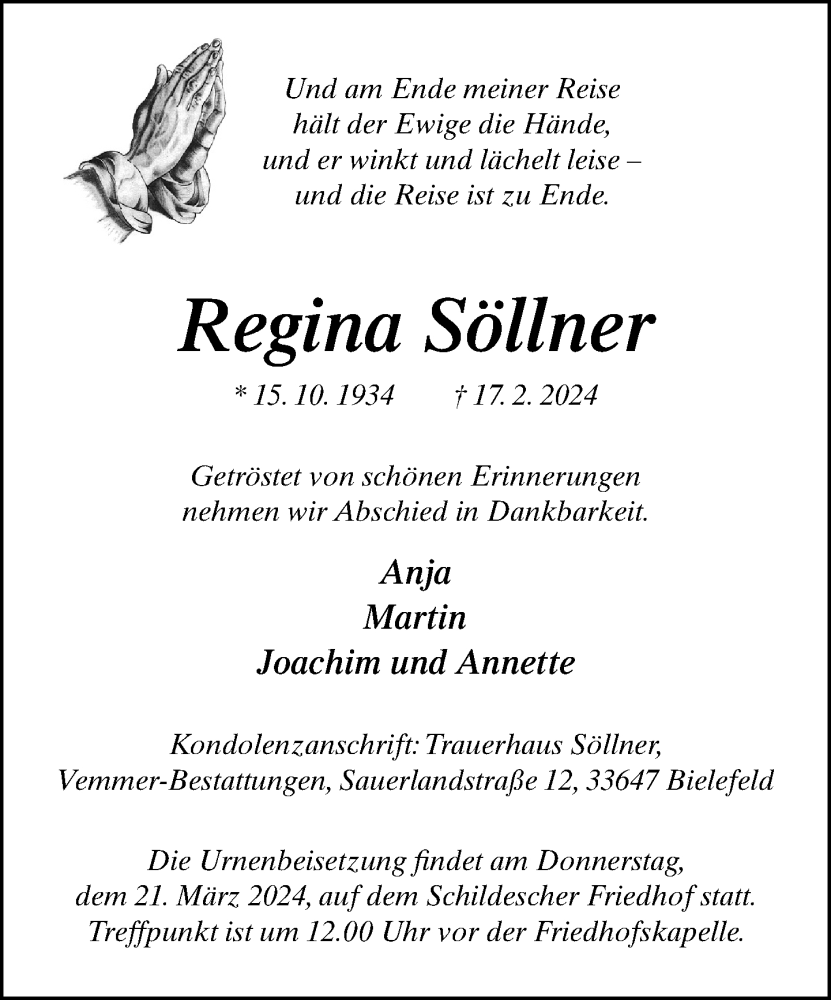  Traueranzeige für Regina Söllner vom 02.03.2024 aus Neue Westfälische