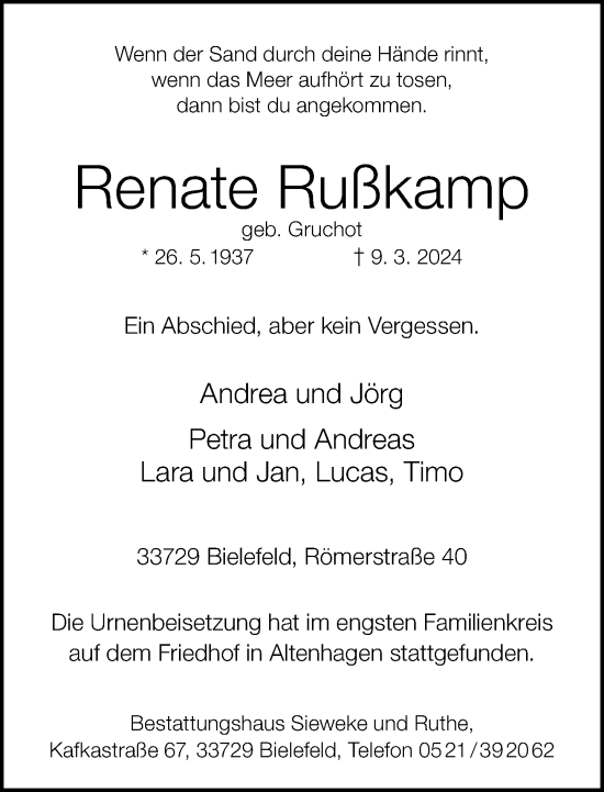 Traueranzeige von Renate Rußkamp von Neue Westfälische