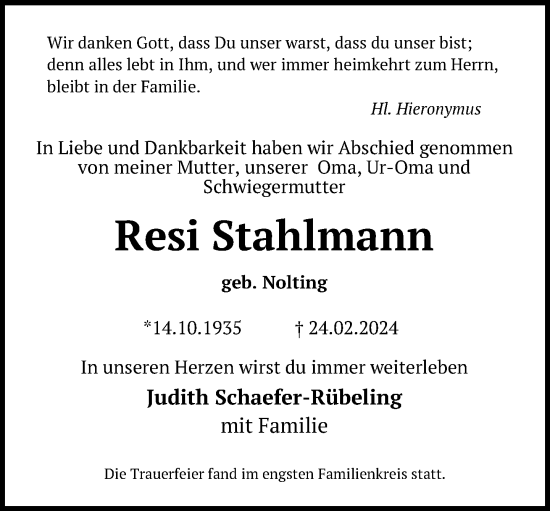 Traueranzeige von Resi Stahlmann von Neue Westfälische