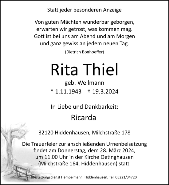 Traueranzeige von Rita Thiel von Neue Westfälische