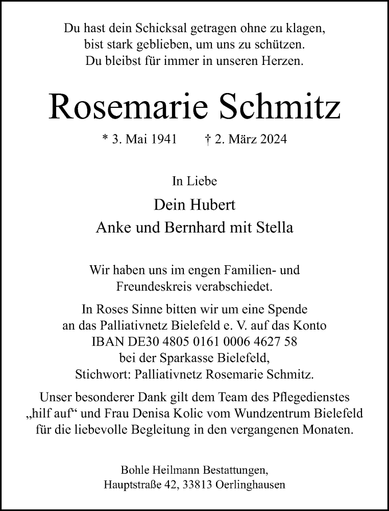  Traueranzeige für Rosemarie Schmitz vom 16.03.2024 aus Neue Westfälische