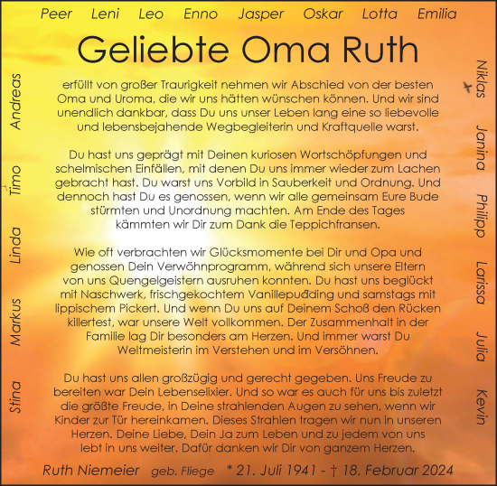 Traueranzeige von Ruth Niemeier von Neue Westfälische