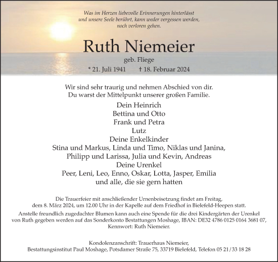Traueranzeige von Ruth Niemeier von Neue Westfälische