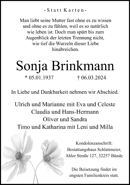 Traueranzeige von Sonja Brinkmann von Neue Westfälische