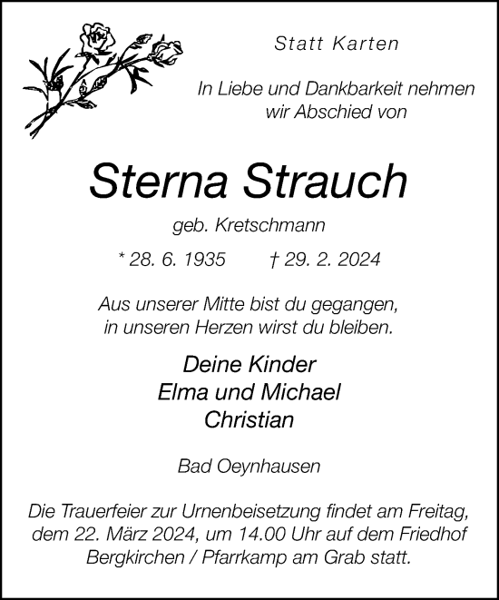 Traueranzeige von Sterna Strauch von Neue Westfälische
