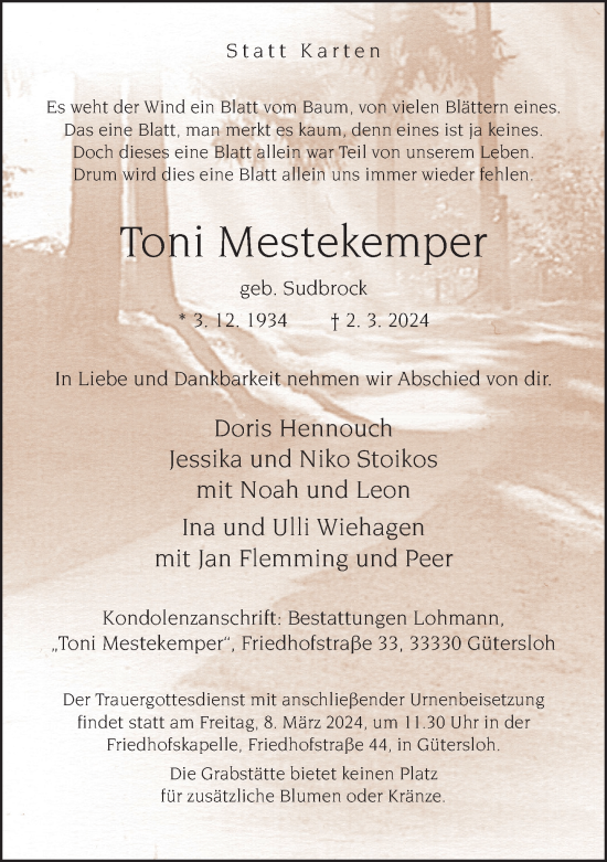 Traueranzeige von Toni Mestekemper von Neue Westfälische