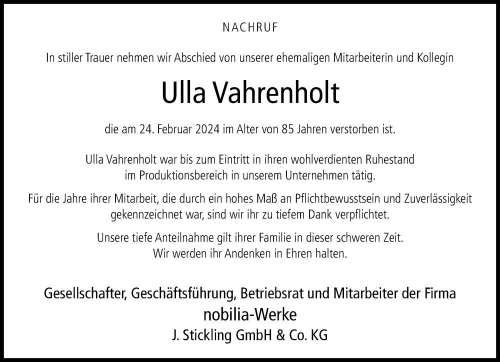  Traueranzeige für Ulla Vahrenholt vom 29.03.2024 aus Neue Westfälische
