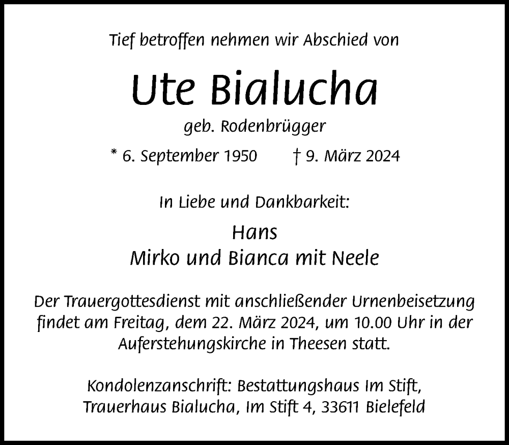  Traueranzeige für Ute Bialucha vom 16.03.2024 aus Neue Westfälische