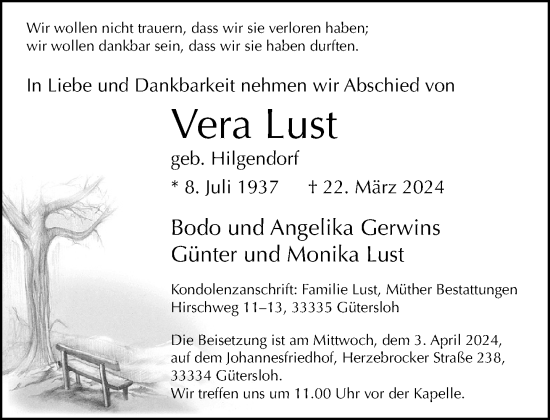 Traueranzeige von Vera Lust von Neue Westfälische