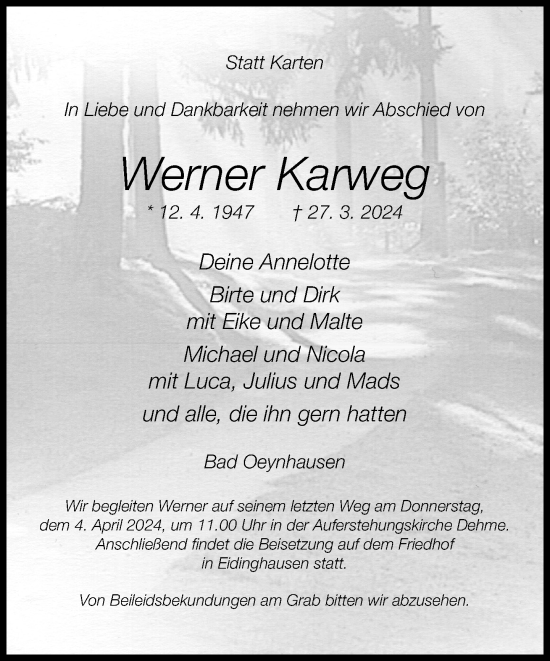 Traueranzeige von Werner Karweg von Neue Westfälische