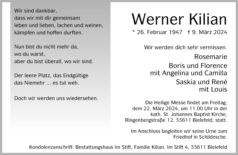  Traueranzeige für Werner Kilian vom 16.03.2024 aus Neue Westfälische