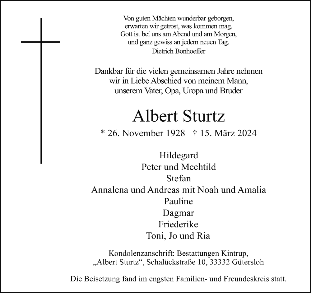  Traueranzeige für Albert Sturtz vom 13.04.2024 aus Neue Westfälische